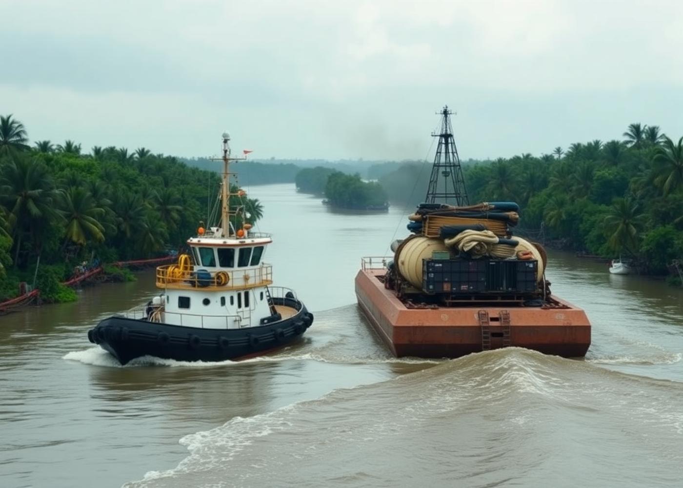 Tugboat towing a loaded cargo barge along a delta channel