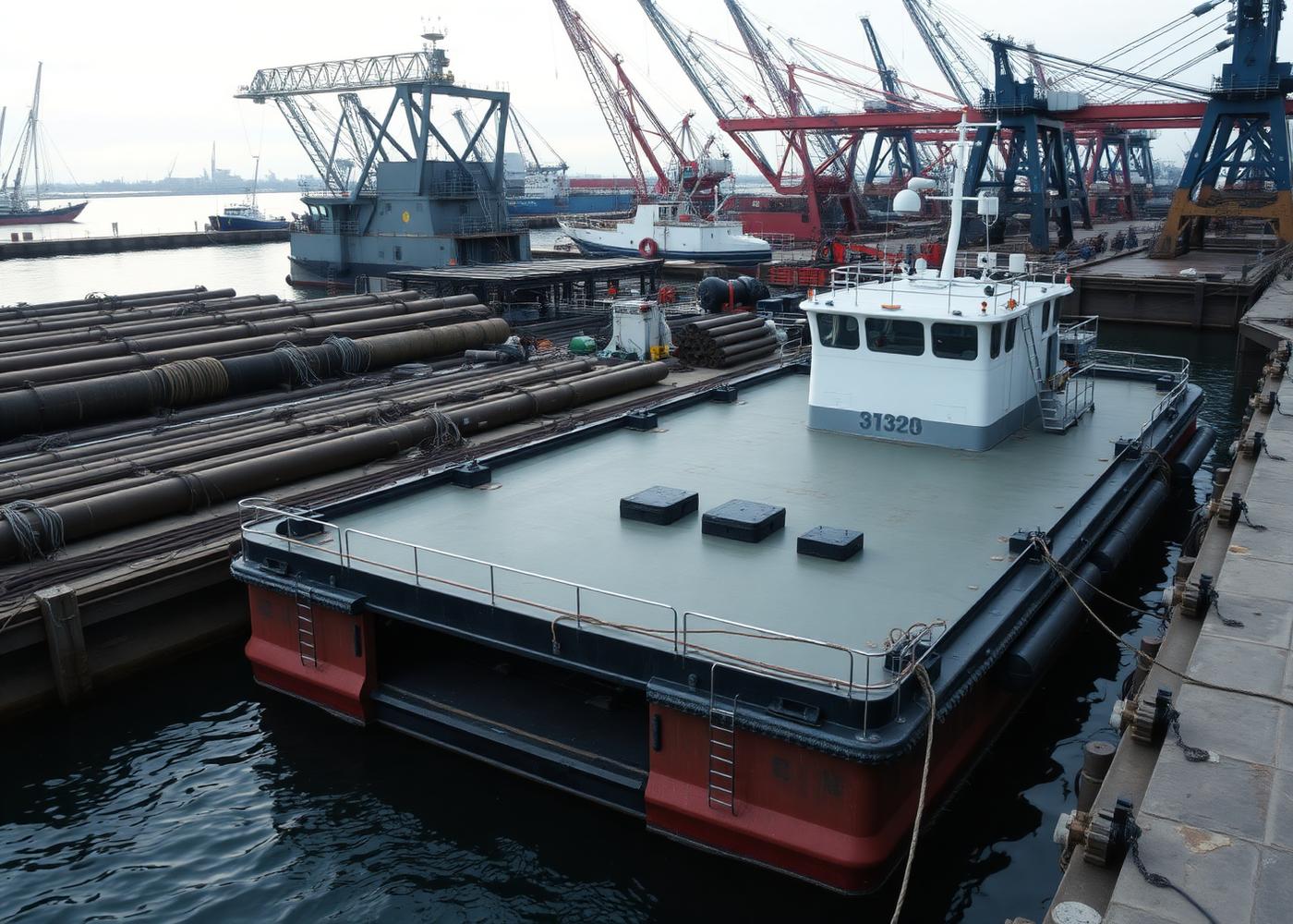Flat-top deck barge moored alongside a quay loaded with pipes