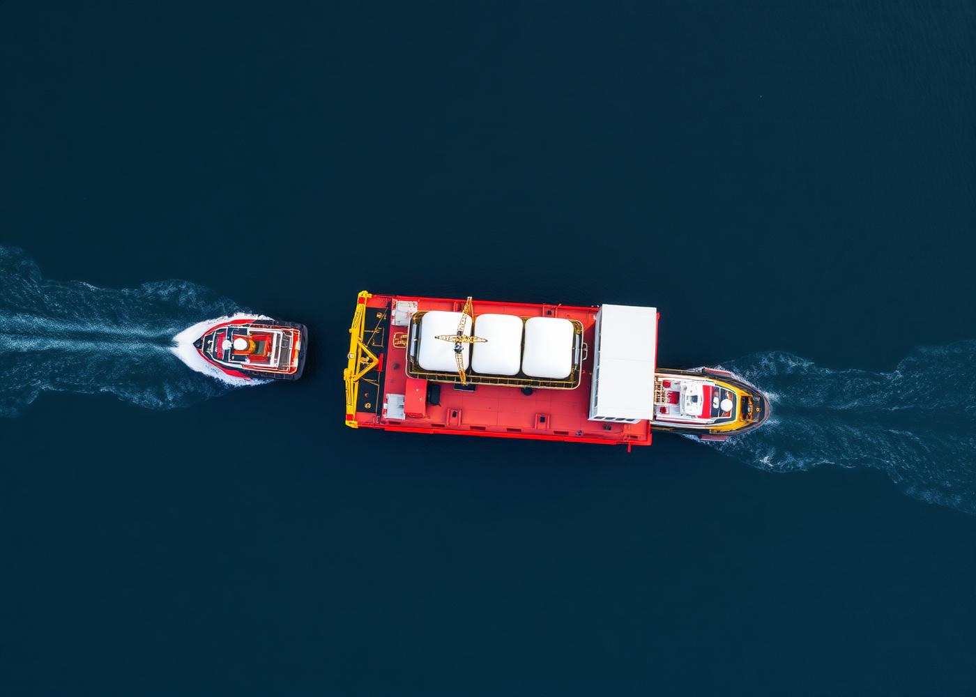 Aerial view of tugboats manoeuvring a heavy-lift barge