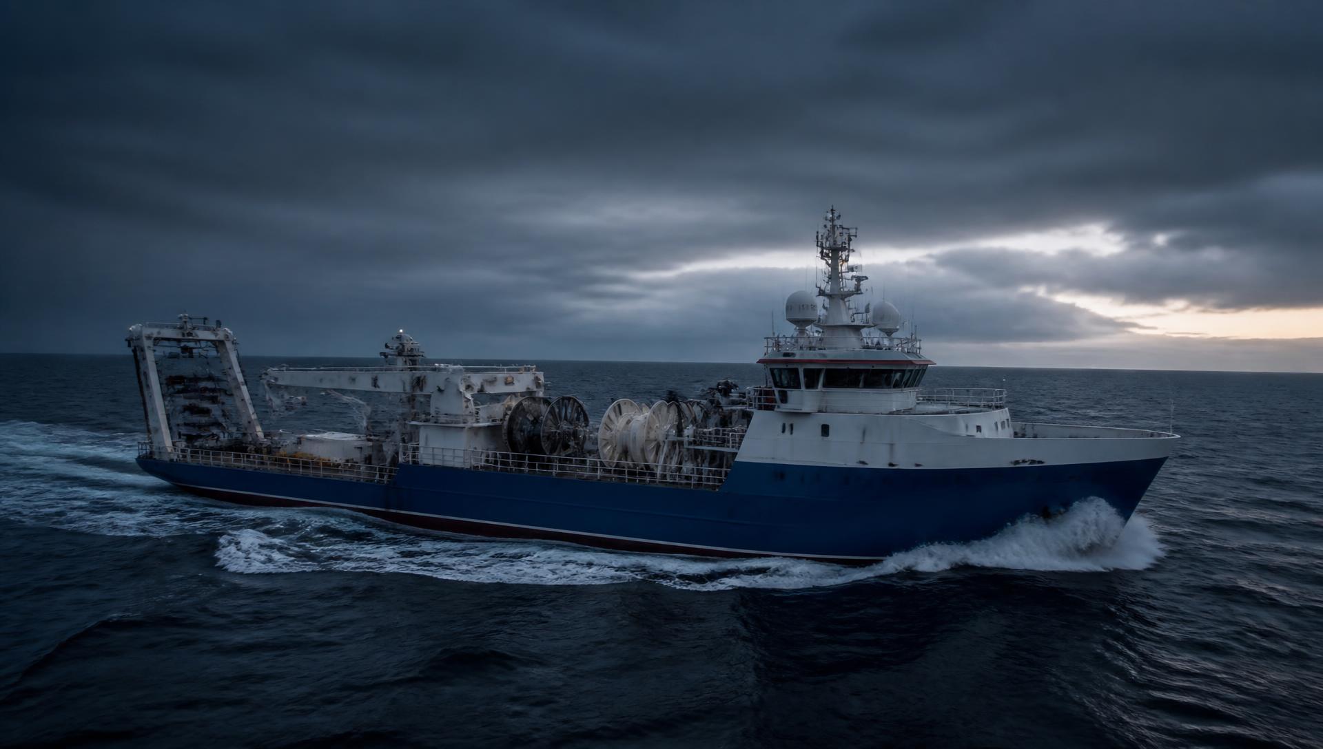 Offshore seismic support vessel underway on open ocean at dusk
